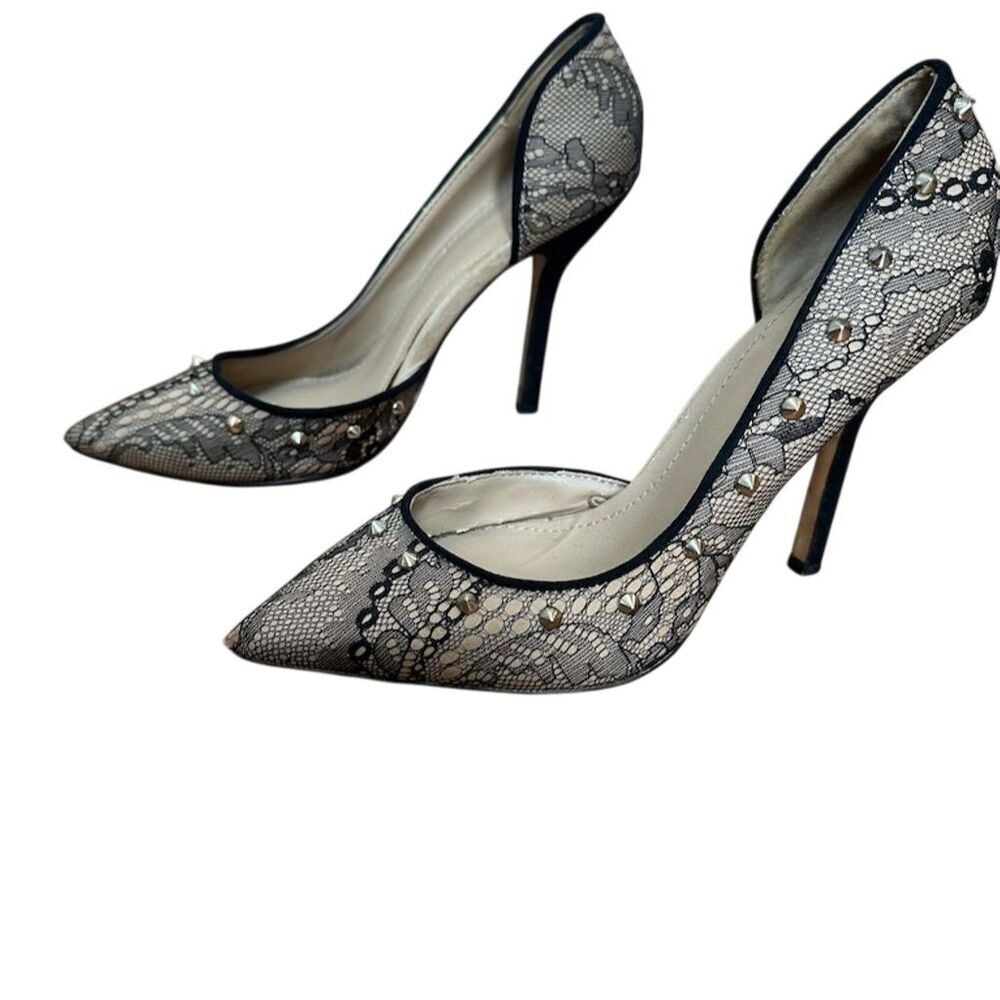 Women's Black Lace Studded Stiletto Heels Pointed Toe Party Shoes - Picture 3 of 6